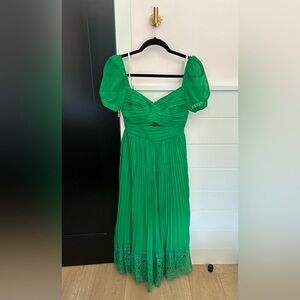 Self-Portrait corded lace-trimmed cutout pleated chiffon midi dress - green.